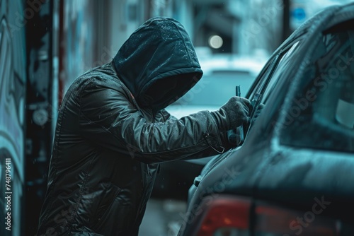 A person in a hooded jacket attempting to break into a car with a tool. photo
