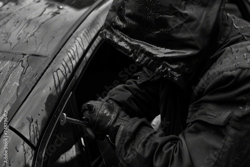 A person in a hooded jacket attempting to break into a car with a tool. photo