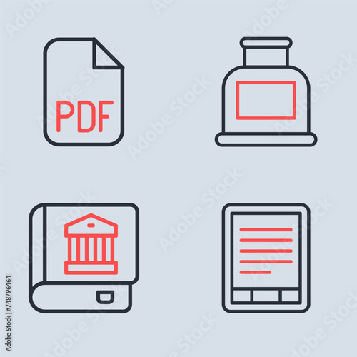 Set line Inkwell, Law book, E-Book reader and PDF file document icon. Vector