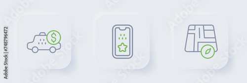 Set line Location taxi car, Taxi mobile app and Taximeter device icon. Vector