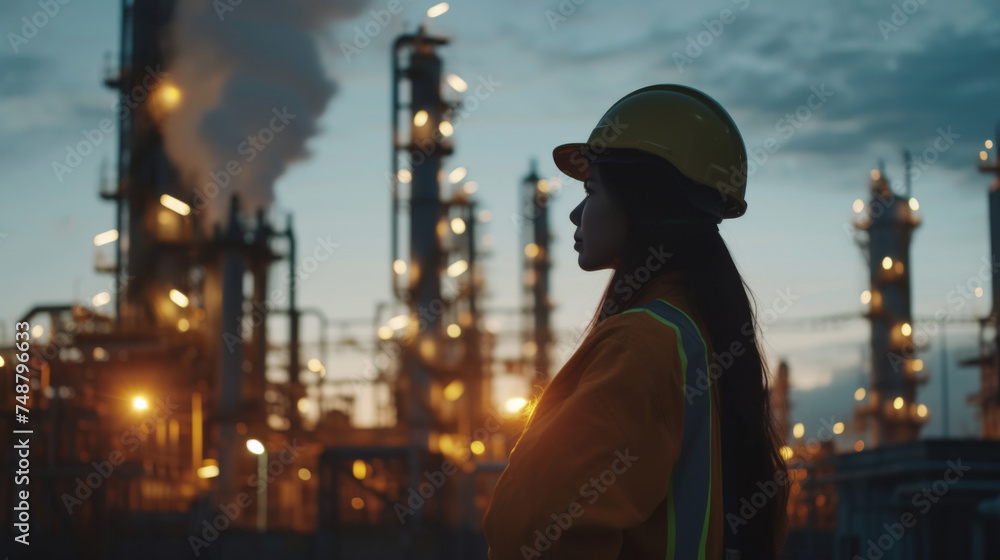 Woman engineer inspecting in industrial oil refinery wearing construction helmet Woman engineer inspecting in industrial oil refinery wearing construction helmet