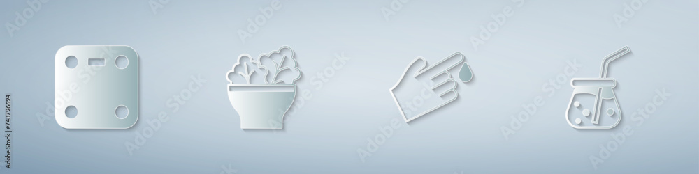 Set Bathroom scales, Salad in bowl, Finger blood and Fresh smoothie. Paper art style. Vector Set Bathroom scales, Salad in bowl, Finger blood and Fresh smoothie. Paper art style. Vector