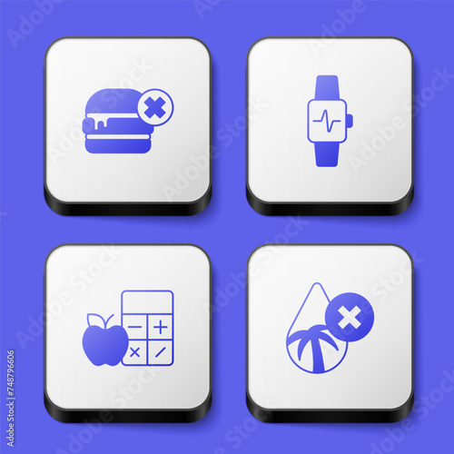 Set No burger, Smart watch with heart, Calorie calculator and Palm oil free icon. White square button. Vector