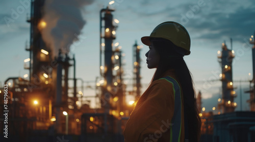 Woman engineer inspecting in industrial oil refinery wearing construction helmet 