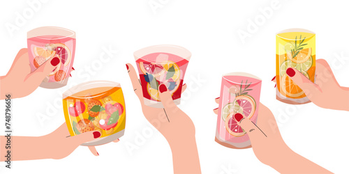 Cocktails in hand, summer drinks, design elements