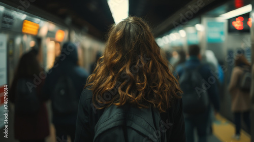 Woman from behind standing at busy subway