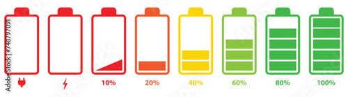 Battery charge many color flat icons. Battery charging, charge indicator. Vector battery power icon powerfully charged. EPS 10