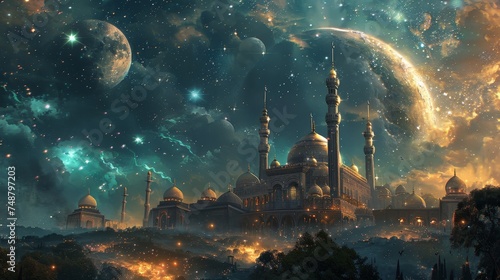a fantastical mosque set against an awe-inspiring cosmic backdrop with planets and a starry sky, evoking a sense of wonder and exploration.