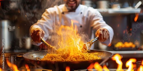 portrait of happy Italian male chef cooking pasta. ai generated