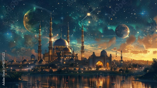 a fantastical mosque set against an awe-inspiring cosmic backdrop with planets and a starry sky, evoking a sense of wonder and exploration.