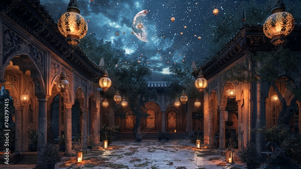 A serene courtyard comes to life at dusk, illuminated by ornate hanging lanterns and reflected in a calm pool, evoking a sense of tranquility and mystery.