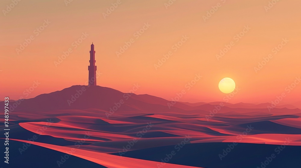 a mosque minaret stands tall amidst a vast desert landscape bathed in the warm light of the setting sun, symbolizing solitude and resilience