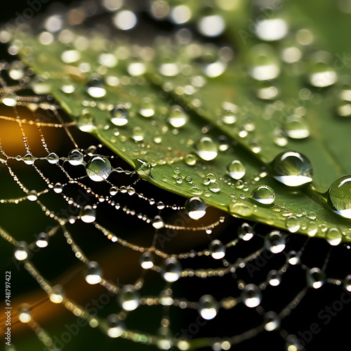 A macro shot of a dew-covered spider web. 
