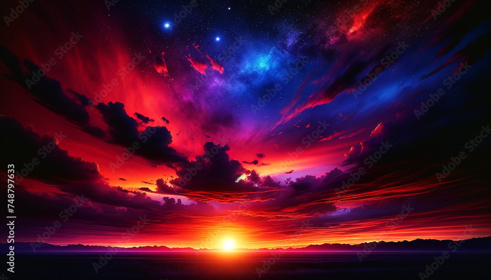 Envision a dramatic evening sky, where the sun's final descent paints the heavens in a fiery spectacle of reds, oranges, and purples. 