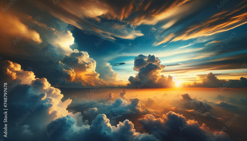 A breathtaking view of the sky, filled with an array of clouds ranging from fluffy cumulus to delicate cirrus, casting a soft glow as the sun sets. - obrazy, fototapety, plakaty 