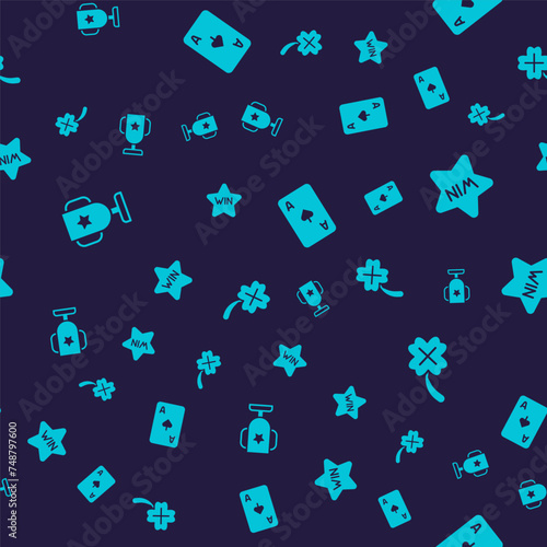 Set Casino poker trophy cup, win, Playing card with spades symbol and slot machine clover on seamless pattern. Vector