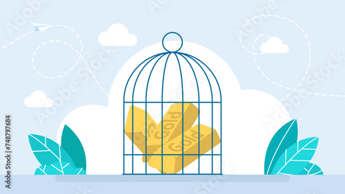A birdcage is full of gold bars. Arrest of money, property, wealth. Loss of freedom, imprisonment. Gold, gold bars, cage, prison. Vector illustration