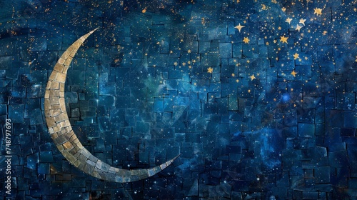 An artistically crafted mosaic wall featuring a crescent moon amid a star-filled sky, evoking a sense of wonder and the infinity of the universe.