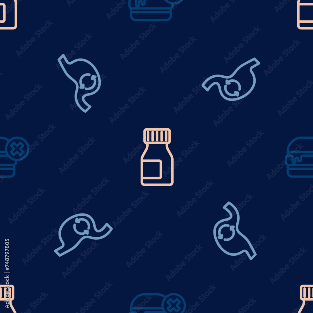 Set line No burger, Human stomach health and Vitamins on seamless pattern. Vector Set line No burger, Human stomach health and Vitamins on seamless pattern. Vector