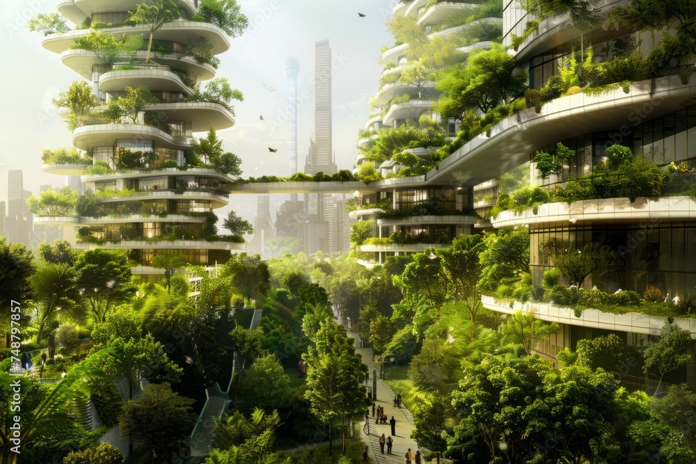 Artistic architectural rendering of modern eco-friendly buildings with ample greenery.