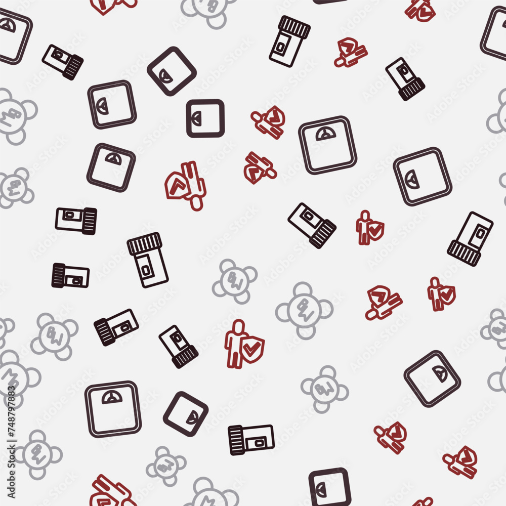 Set line Vitamins, Bathroom scales, Magnesium and Healthy lifestyle on seamless pattern. Vector Set line Vitamins, Bathroom scales, Magnesium and Healthy lifestyle on seamless pattern. Vector