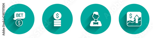 Set Casino chip with dollar, dealer and Financial growth increase icon with long shadow. Vector