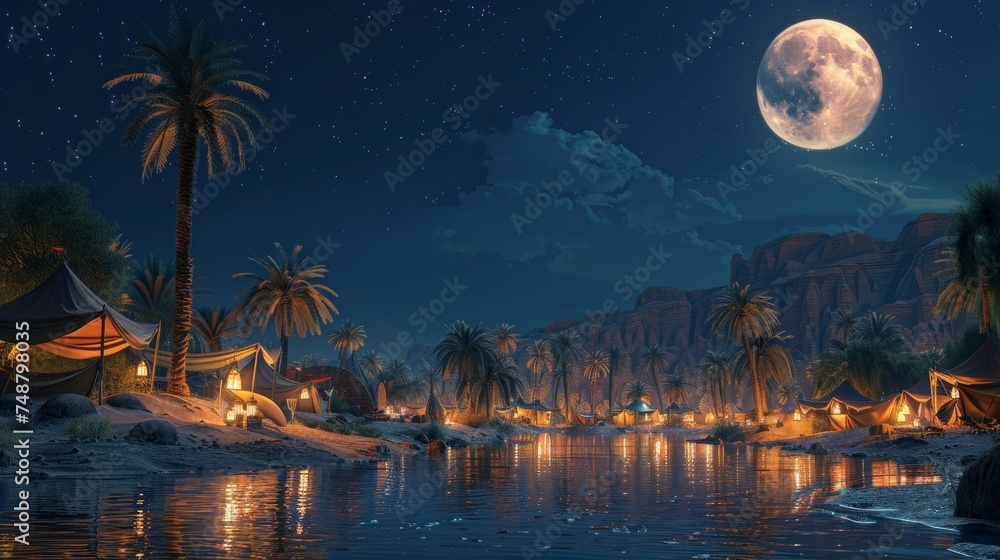 an idyllic oasis at night, illuminated by lanterns and a crescent moon, with palm trees reflecting on tranquil waters - obrazy, fototapety, plakaty 