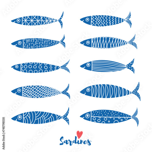 Set, cute collection of cute hand drawn, doodle blue sardines fishes for sea life and food design. Silhouettes.