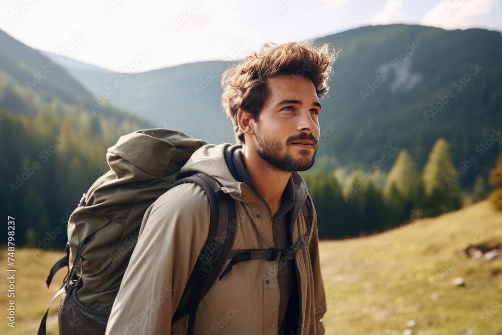 Young man in hiking clothes in a mountain with pines. Mountain hiking, travel and adventure concepts.