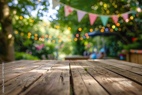 Wooden table top with a blurred background of a garden party atmosphere. photo