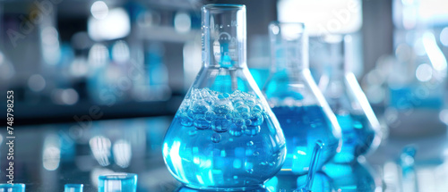 Laboratory glassware with vibrant blue chemical reactions, shallow depth of field photo