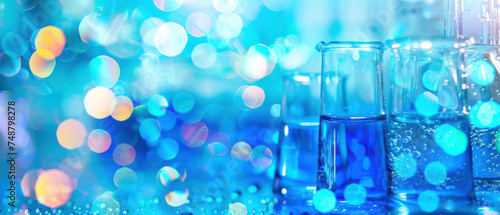 Laboratory glassware with vibrant blue chemical reactions, shallow depth of field