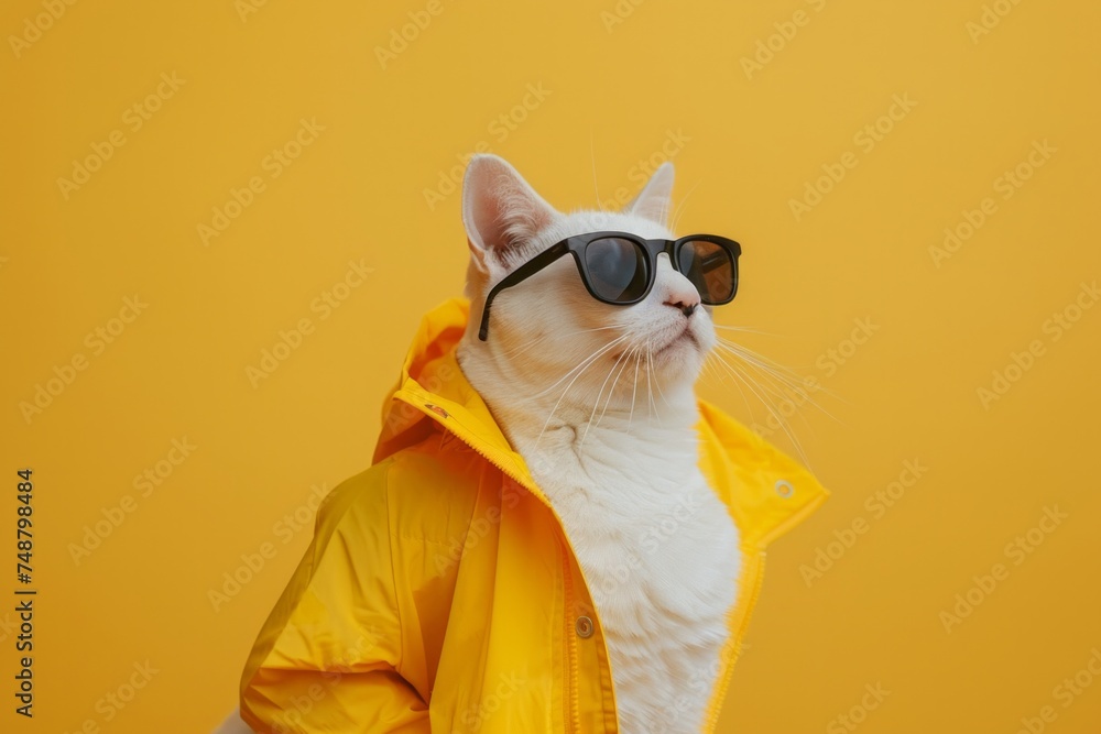 White cat wearing sunglasses and a yellow jacket against a yellow background.