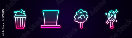 Set line Popcorn in cardboard box, Cylinder hat, Cotton candy and Magic hand mirror. Glowing neon icon. Vector
