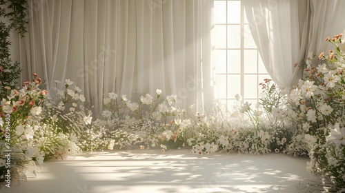 studio setting backdrop for wedding with no people in white theme and sunlight © Kittisak
