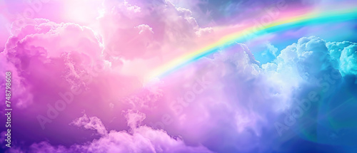 Psychedelic dreamscape with vibrant rainbow bridge emerging from clouds  neon glow effect