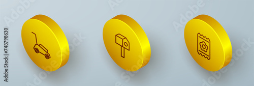 Set Isometric line Lawn mower, Bird house and Pack full of seeds icon. Vector