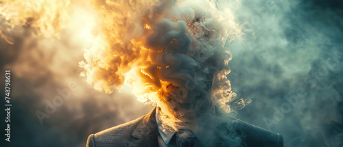 Metaphorical portrait of man with head exploding with smoke, dark vignette, vintage suit photo