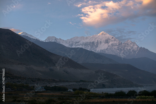 Morning mountain View in Nepal. Blue sky in autumn season.