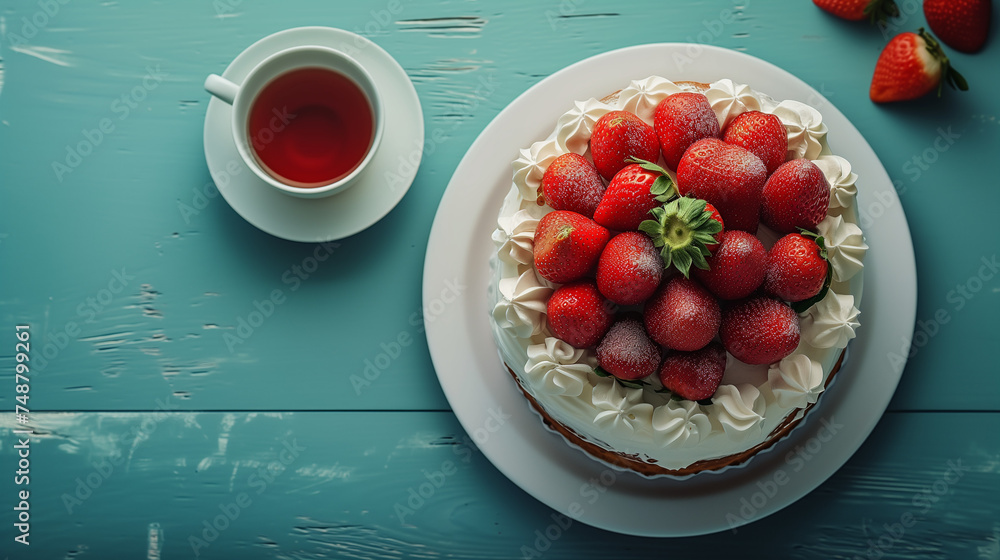 Strawberry Cake, the perfect summer dessert or cake topping. Fresh strawberries with whipped cream Strawberry Cake, the perfect summer dessert or cake topping. Fresh strawberries with whipped cream