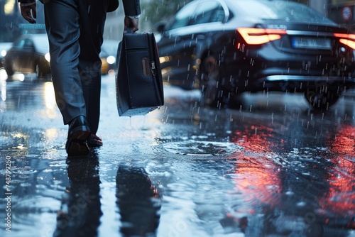 Businessperson walking on a rainy city street carrying a briefcase, with cars nearby. © ParinApril