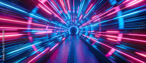 Neon tunnel with converging pink and blue lights, high-speed motion effect, science fiction theme