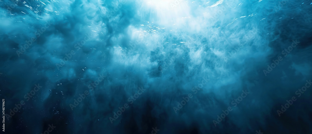 Deep sea ambiance, mysterious smokey underwater effect, oceanic exploration or mystical underwater scenes, wide-angle lens for expansive feel - obrazy, fototapety, plakaty 
