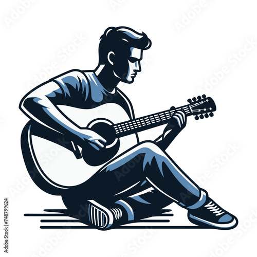 Musician man playing guitar acoustic vector illustration, male guitarist performing music, String instrument player design template isolated on white background