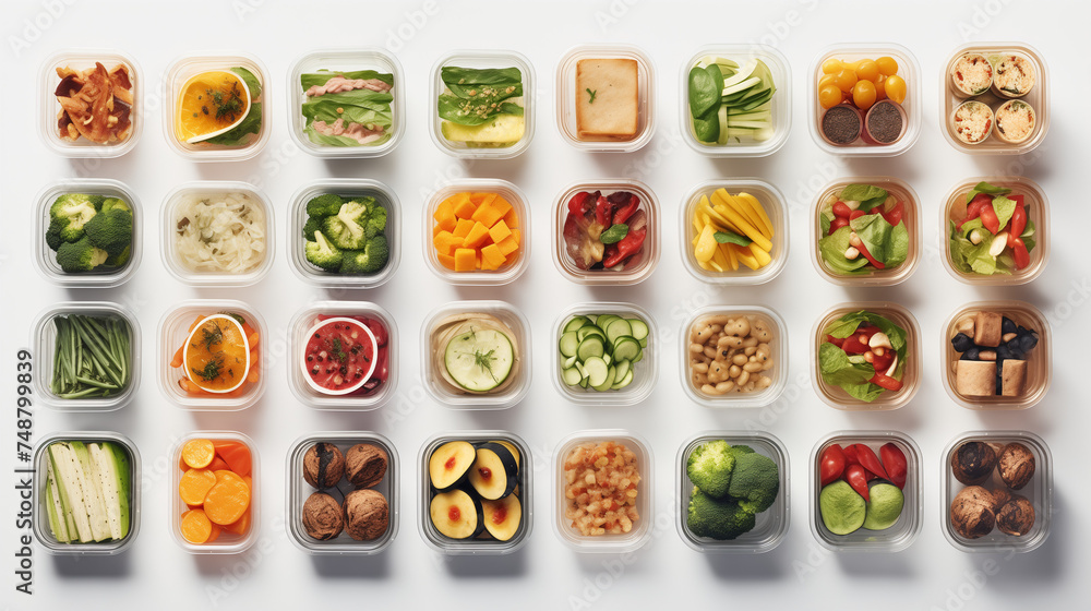 Obraz premium Fruits and vegetables in healthy food boxes Illustration for healthy food design.