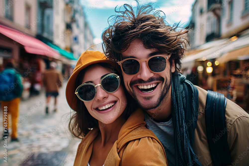 Couple having fun in the city, taking a selfie for a honeymoon souvenir. Couple having fun in the city, taking a selfie for a honeymoon souvenir.