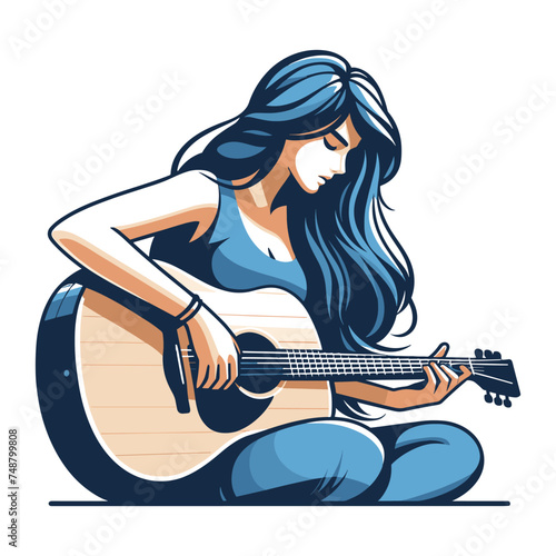 Musician woman playing guitar acoustic vector illustration, female guitarist performing music, String instrument player design template isolated on white background