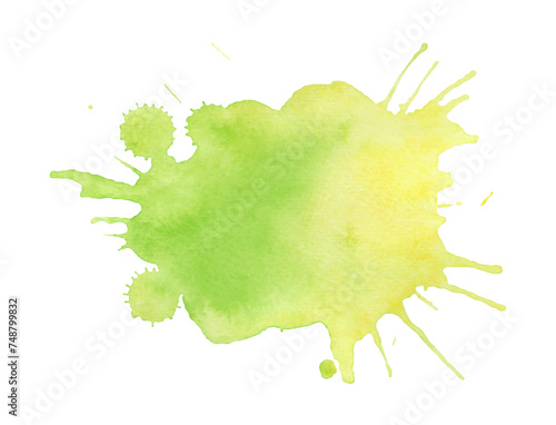 A large abstract watercolor blob in green and yellow shades, hand-drawn. An element for design, decoration with a place for text. Watercolor multicolored spray drops with a gradient.