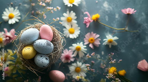 Easter card with pastel colors Easter eggs in nest with flowers on gray blue background. free space