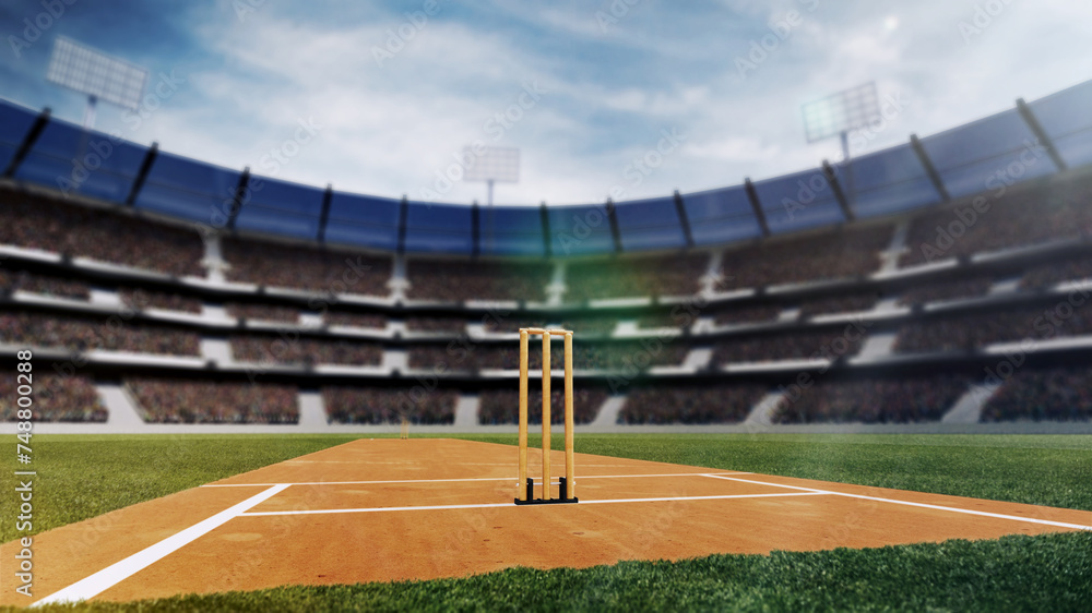 Fototapeta premium Panoramic view of cricket open air stadium with fan zine tribune under blue sky. 3D render. Event poster for cricket tournament. Concept of professional sport, competition, championship, game